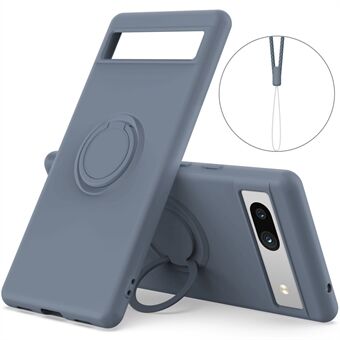 Google Pixel 7a Ring Kickstand -puhelinkotelon suojaava nestemäinen silikoni kansi, jossa on ripustusköysi.