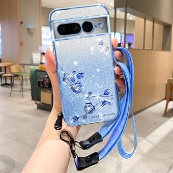 KADEM Google Pixel 7 Pro 5G -kotelo naarmuuntumista estävää puhelimen glitter-Tpu-suojakuorella ja hihnalla.