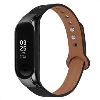 Yläkerroksinen lehmännahkainen hihna Xiaomi Mi Band 3/4:lle, Double Rivet Design -rannekkeen vaihto, musta kellokotelo