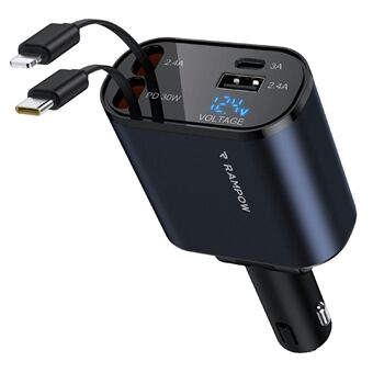 RAMPOW 50W Autolaturi USB + Type-C Lähtö Latausasema Sisäänvedettävillä Type-C + 8-Pin Kaapeleilla - Musta