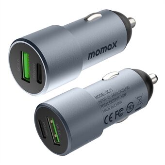 MOMAX UC15 38W Mini Aluminum Alloy Dual Port Car Charger PD + QC 3.0 Fast Charging Cigarette Lighter Adapter - Grey