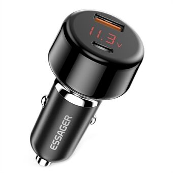 ESSAGER 65W Autolaturi USB-A + Type-C Kaksoisporttinen Autolaturiadapteri Digitaalinäytöllä Yhteensopiva Huawein, Samsungin, Xiaomin kanssa - Musta