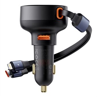 BASEUS Enjoyment Pro 60W Autolaturi USB-porttisovitin Type-C + iP Sisäänvedettävällä kaapelilla - Musta