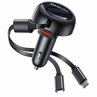 YESIDO Y61 53W Pikalataava Autolaturi USB-Portilla ja 2-in-1 Sisäänvedettävällä Ip+Type-C Kaapelilla