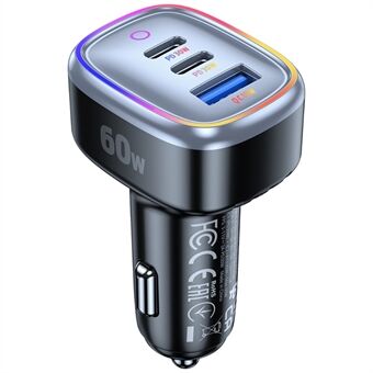 C08 60W USB + Dual USB-C autolaturi, viileä tunnelmavalo, puhelimen pikalataus, virtasovitin