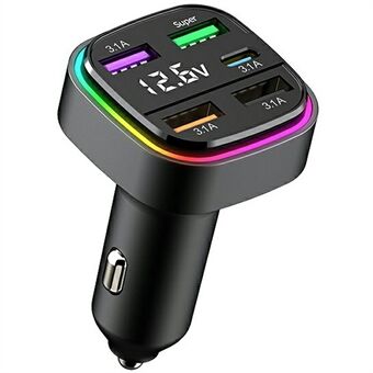 K34 5-porttinen USB-autolaturi (4 USB + Type C) tupakansytyttimen sovitin LED-näytöllä - Musta