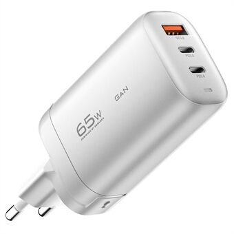 ESSAGER 65 W GaN matkalataustelakkavirtasovitin, 3-ulostulo, Type-C+ USB-A EU-pistoke seinälaturi [CE-sertifikaatilla] tableteille/älypuhelimille