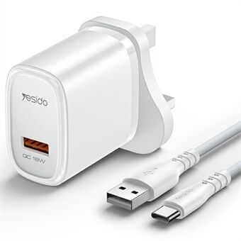 YESIDO YC85C UK Plug with Single USB Port Wall Charger 18W Puhelimen ja Tabletin Pikalatausadapteri Johdolla