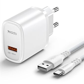 YESIDO YC66C EU -pistokkeellinen USB-portiton seinälaturi 18W puhelin- ja tabletti nopea latausadapteri kaapelilla