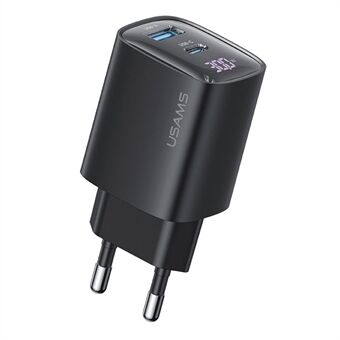 USAMS CC229 30W GaN sovitin USB-C+USB-C Kaksipisteinen laturi reaaliaikaisella digitaalisella näytöllä, EU-pistoke