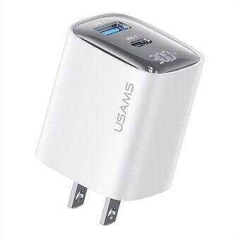 USAMS CC230 30W Pikalataus GaN-adapteri USB-C+USB-C Kaksiliitäntäinen Seinäadapteri Virran Näyttö, US Pistoke