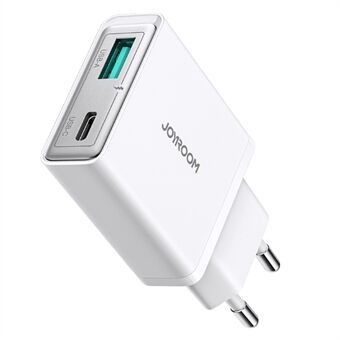 JOYROOM JR-TCF14 20W Pikalatauslaturi USB-C+USB-A Kaksiliitäntäinen Sovitin, EU Plugi iPhone 16-15 Sarjalle - Valkoinen