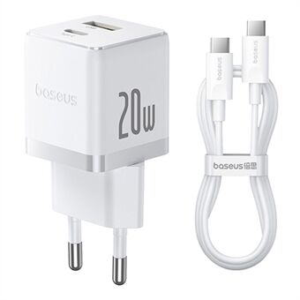 BASEUS Palm USB+Type-C Kaksporttinen 20W Pikalaturi EU-pistokkeella Seinälatausadapteri 60W Type-C Kaapelilla