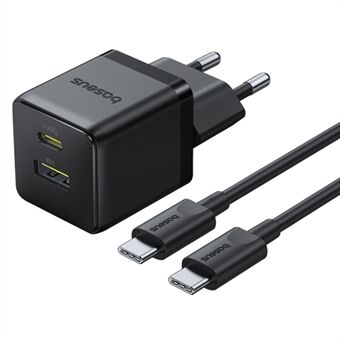 BASEUS Palm Pikalaadija 30W Type-C+USB Kaksoisportti EU-pistoke Seinälatausadapteri 60W Type-C-kaapelilla