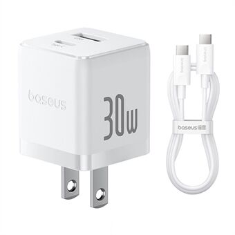 BASEUS Palm-pikalaturi 30W Type-C+USB kaksoisportti, US-pistokkeella, seinälataussovitin 60W Type-C-kaapelilla