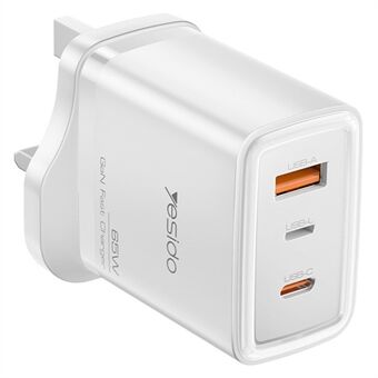 YESIDO YC89 USB-A + iP + Type-C 3-porttinen virtasovitin PD 65W pikalataus seinälaturi, UK-pistoke