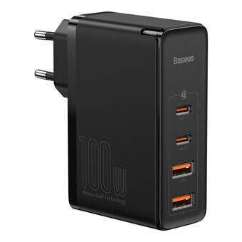 BASEUS GaN2 Pro 2 Type-C+2 USB-porttia Nopea Laturi 100W Seinälaturi Type-C -latauskaapelilla (EU-pistoke) - Musta