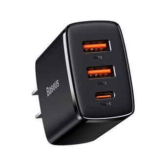 BASEUS Compact Quick Charger 2U+C Kolmen Portin 30W Pikalatausadapteri US Pistoke - Musta