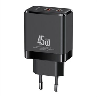 USAMS US-CC178 T58 45W USB-A + Type-C GaN seinälaturi ABS-puhelimen pikalataussovitin, EU-pistoke