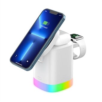 T15 3 in 1 magneettinen langaton laturi taitettava Stand iPhone iWatch AirPods -johdottomalle latausasemalle RGB-valolla