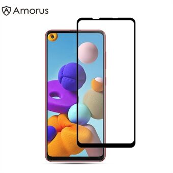 AMORUS Full Glue -suojakotelo silkkipainettua karkaistua lasia varten Samsung Galaxy A21s - musta