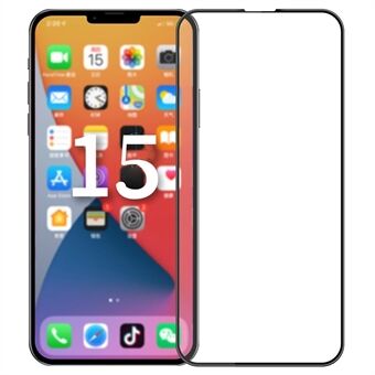 PINWUYO JK 3D kovera lasikalvo-2 iPhone 15:lle, täysliimaava korkean alumiinisilikonisen lasin HD-kirkas näytönsuoja.