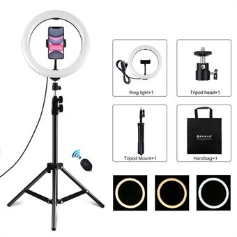 PULUZ PKT3069B 1,1 m jalustakiinnitys + 10,2 tuuman 26 cm himmennettävä kaksivärinen lämpötila USB LED-rengasvalot Selfie-valokuvausvideon täyttövalo puhelimen pidikkeellä ja Ring -kaukosäätimellä
