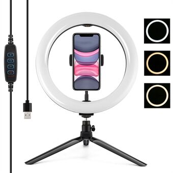 PULUZ PKT3071B 10,2 tuuman 26 cm:n USB-himmennettävä LED-rengasvalot Ring -selfie-valokuvausvideon täyttövalo kolmijalkalla