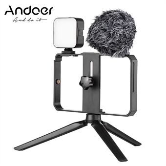 Andoer Smartphone Video Cage Kit Sisältää 2 kpl mini LED-täyttövaloja + minimikrofonin + kädessä pidettävän älypuhelimen videotelineen + minipöytätelineen Stand